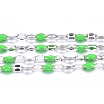 304 Stainless Steel Link Chains, with Spool, with Enamel, Soldered, Stainless Steel Color, Lime Green, 4~10x2x0.4~2mm, about 32.8 Feet(10m)/roll