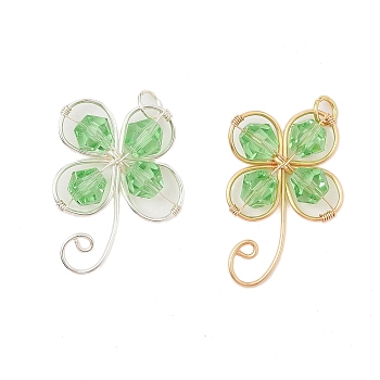2Pcs Glass Pendants, with Copper Wire, Clover, Lawn Green, 30x22x6mm, Hole: 3.5mm, 2pcs/set