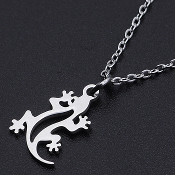 201 Stainless Steel Pendant Necklaces, with Cable Chains and Lobster Claw Clasps, Gecko, Stainless Steel Color, 15.74 inch(40cm), 1.5mm