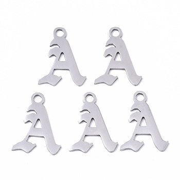 201 Stainless Steel Pendants, Laser Cut, Old English, Alphabet, Stainless Steel Color, Letter.A, 18x13.5x1mm, Hole: 2mm