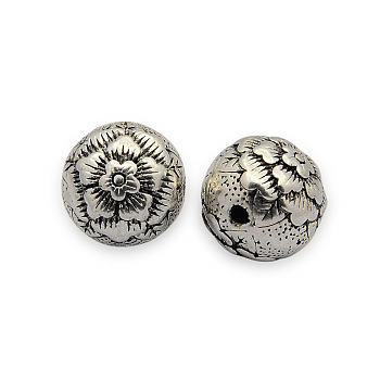 Carved Brass Beads, Round with Flower Pattern, Nickel Free, Antique Silver, 14mm, Hole: 2mm