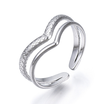 304 Stainless Steel Heart Open Cuff Ring, Double Line Ring for Women, Stainless Steel Color, US Size 5 1/2(16.1mm)