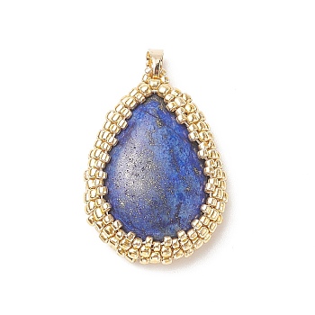 Natural Lapis Lazuli Pendants with Japanese Seed Wrapped, Teardrop Charms with Brass Snap on Bails, Golden, 32x23x9mm, Hole: 4x3mm