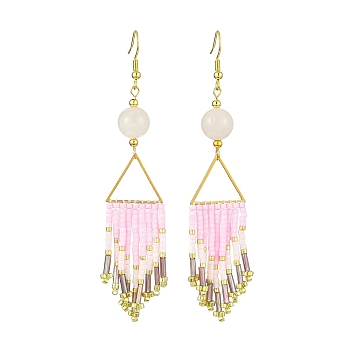 Arrow Tassel Glass Seed with Natural Rose Quartz Boho Dangle Earrings, Golden, 94x19mm