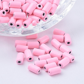 Spray Painted Alloy Beads, Tube, Pearl Pink, 6x3mm, Hole: 1.2mm