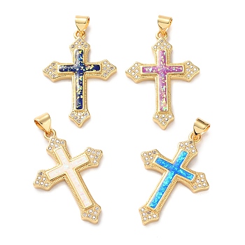 Brass Micro Pave Clear Cubic Zirconia Pendants, Cadmium Free & Lead Free, with Sythetic Opal, Real 18K Gold Plated, Cross Charms, with Jump Ring, Mixed Color, 31.5x21.5x3mm, Hole: 5x3.5mm