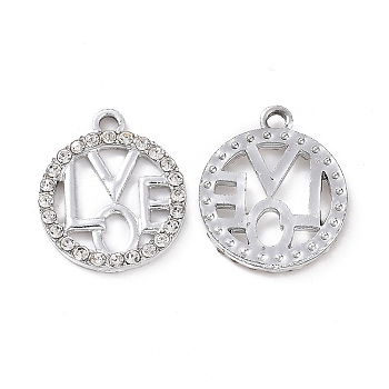 Alloy Crystal Rhinestone Pendants, Flat Round with Word LOVE Charms, Platinum, 19x15.5x2mm, Hole: 1.6mm