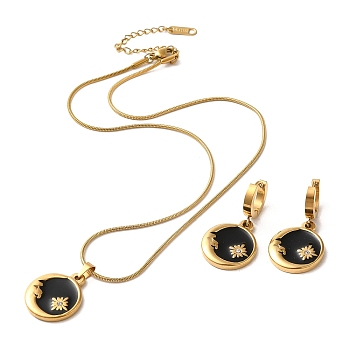 Moon & Flower Golden 304 Stainless Steel Jewelry Set with Enamel, Dangle Hoop Earrings and Pendant Necklace, Black, Necklaces: 402mm; Earring: 35x18mm