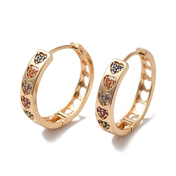 Brass Micro Pave Colorful Cubic Zirconia Hoop Earrings, Heart, Light Gold, 25x26x5mm