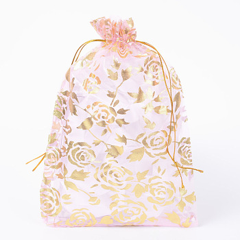 Rose Printed Organza Bags, Gift Bags, Rectangle, Pearl Pink, 18x13cm