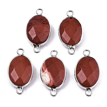 Natural Red Jasper Links/Connectors, Platinum Tone Brass Edge, Faceted Oval, Medium Orchid, 27.5x14~15x6mm, Hole: 2mm