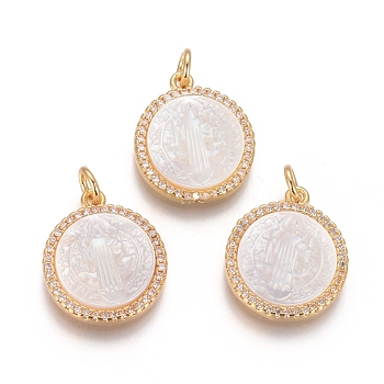 Brass Pendants, with Micro Pave Cubic Zirconia, Shell and Jump Rings, Flat Round with Saint Benedict, Clear, Golden, 18x15x3mm, Hole: 3mm