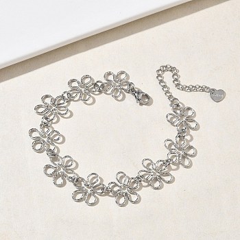 Hollow Hammered 304 Stainless Steel Link Chain Bracelets for Women, Stainless Steel Color, Flower, 6.93 inch(17.6cm)