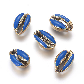 Electroplated Cowrie Shell Beads, with Enamel, Undrilled/No Hole Beads, Golden, Blue, 18~22x13~15x7~8mm