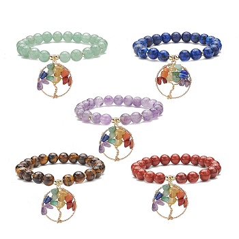 5Pcs 5 Style Natural Mixed Gemstone Stretch Bracelets Set, Yoga Chakra Gemstone Chips Tree of Life Charms Bracelets for Women, Inner Diameter: 2 inch(5.2cm), 1Pc/style