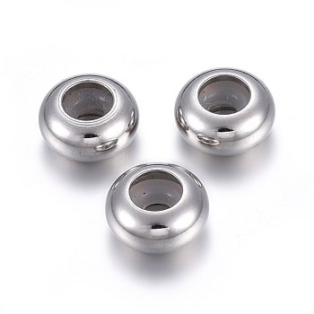 201 Stainless Steel Beads, with Rubber Inside, Slider Beads, Stopper Beads, Rondelle, Stainless Steel Color, 8x4mm, Hole: 3.5mm, Rubber Hole: 2.2mm