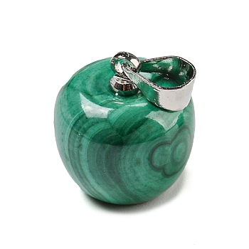 Natural Malachite Pendants, Apple Charms with Alloy Snap on Bails, Platinum, 13.5x12mm, Hole: 3.7x4.2mm
