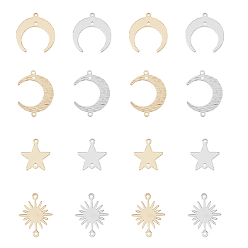 32Pcs 8 Styles Brass Connector Charms, Long-Lasting Plated, Sun & Star & Moon, Mixed Color, 13~22x12~18x0.5~1mm, Hole: 1.2mm, 4pcs/style