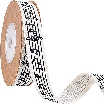 Cotton Ribbons, with Spool, Musical Note Pattern, Antique White, 5/8 inch(15mm)