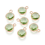 Golden Tone Brass Glass Charms, Flat Round, Faceted, Light Green, 11~12x8.5~9x3.5~4mm, Hole: 1.8~2mm(X-GLAA-ZX008-24K-G)