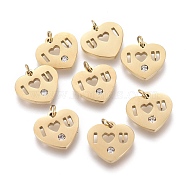 316 Surgical Stainless Steel Charms, with Jump Rings and Crystal Rhinestone, Heart, Golden, 9x10x1mm, Hole: 1.4mm(X-STAS-I164-036G)