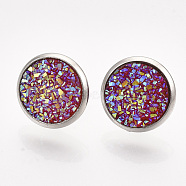201 Stainless Steel Stud Earrings, with Resin and Ear Nuts, Flat Round, Stainless Steel Color, Medium Violet Red, 14mm, Pin: 0.8mm(EJEW-T005-JN114-7)