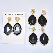 Natural Druzy Agate Dangle Stud Earrings, with Brass Findings, teardrop, Faceted, Dyed & Heated, Golden, Black, 50.5~52mm, Pin: 0.7mm(EJEW-L228-02B-G)