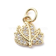 Brass Micro Pave Cubic Zirconia Charms, with Jump Rings, Maple Leaf Charms, Real 18K Gold Plated, 11x10x2mm, Hole: 3.2mm(ZIRC-F131-01G)