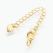 Brass Chain Extender, with Lobster Claw Clasps, Cadmium Free & Nickel Free & Lead Free, Long-Lasting Plated, Shell, Real 18K Gold Plated, 72x3mm, Hole: 2.5mm, Clasps: 10x6x3mm(KK-I633-43G-NR)