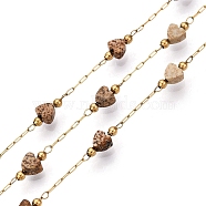 Handmade Natural Gemstone Beads Heart Chains, for Necklaces Bracelets Making, with 304 Stainless Steel Chains, Soldered, with Spool, Real 18K Gold Plated, 4x4x2.5mm, bead: 2mm in diameter, links: 2x1.5x0.2mm & 2.5x1x0.2mm, interval: 19mm, about 10m/roll(CHS-T006-27G)