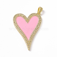 Brass Micro Pave Cubic Zirconia Pendants, Enamel Style, Heart Charm, Golden, Pink, 44.5x28.5x2.5mm, Hole: 5x2.5mm(KK-P224-02G-04)