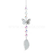 Metal with Glass Beaded Hanging Pendant Decorations, Suncatchers for Party Window, Wall Display Decorations, Feather, 380x86mm(PW-WG18174-03)