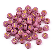 Plating Acrylic Beads, Golden Metal Enlaced, Horizontal Hole, Flat Round with Letter, Pale Violet Red, 6.5~7x3.5~4mm, Hole: 1.6mm, about 3600g/500g(OACR-P017-A02)