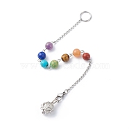 Chakra Natural & Synthetic Mixed Stone Dowsing Pendulum Pendant Decorations, with Handmade Luminous Lampwork Beads & 304 Stainless Steel & Brass Findings, Lotus Charm, Mixed Dyed and Undyed, Stainless Steel Color, 222mm, Pendant: 20.5x14x9mm(PALLOY-JF01882)