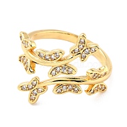 Brass Micro Pave Cubic Zirconia Cuff Ring, Long-Lasting Plated, Butterfly, Real 18K Gold Plated, US Size 5(15.7mm)(RJEW-F116-32G)