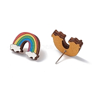Natural Wood Stud Earrings, 316 Stainless Steel Jewelry for Women, Rainbow Pattern, 14x19mm, Pin: 0.6mm(EJEW-C013-01E)