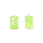 Resin Pendants, with Platinum Plated Iron Findings, Suger with Word Sweet, Lime, 28x17x7.5mm, Hole: 2mm(RESI-TAC0010-24B)
