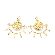 Brass Charms, with Jump Ring, Long-Lasting Plated, Sun with Face, Real 18K Gold Plated, 20~21x22x3mm, Jump Ring: 5x1mm, 3.5mm Inner Diameter(KK-L188-73G)
