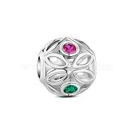 TINYSAND Rondelle Rhodium Plated 925 Sterling Silver Lucky Clover Charm European Beads, Colorful CZ Charm, Large Hole Beads, Platinum, 12.1x11.44x12.3mm, Hole: 4.59mm(TS-C-004)