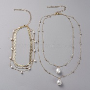 Layered Necklaces Sets, with ABS Plastic Imitation Pearl Pendants, Plastic Imitation Pearl Beads, Brass Chains and 304 Stainless Steel Lobster Claw Clasps, Golden, 18.5 inch(47cm) , 12.59 inch(32cm), 2pcs/set(NJEW-JN02633)