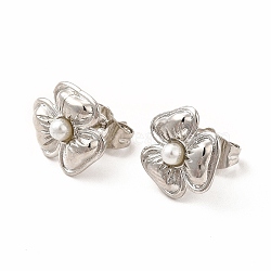 Flower Rack Plating Brass Stud Earrings for Women, with Plastic Imitation Pearl, Lead Free & Cadmium Free, Platinum, 11.5x12.5mm, Pin: 0.8mm(EJEW-H091-21P)