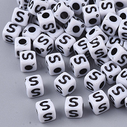 White Opaque Acrylic Beads, Horizontal Hole, Cube with Black Alphabet, Letter.S, 4~5x4~5x4~5mm, Hole: 1.8mm, about 6470~6500pcs/500g(MACR-R869-02S)