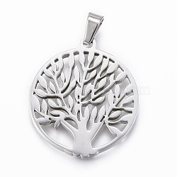304 Stainless Steel Pendants, Flat Round with Tree of Life, Stainless Steel Color, 30x26x2mm, Hole: 4x6mm(STAS-G155-73P)