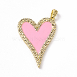 Brass Micro Pave Cubic Zirconia Pendants, Enamel Style, Heart Charm, Golden, Pink, 44.5x28.5x2.5mm, Hole: 5x2.5mm(KK-P224-02G-04)