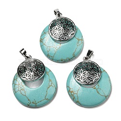 Synthetic Turquoise Pendants, Spiritual Charms, with Platinum Tone Brass Findings, Flat Round with Flower of Life/Sacred Geometry, Dyed, 32~32.5x28~30x7~7.5mm, Hole: 5x8mm(KK-F751-M-A01)