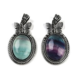 Natural Colorful Fluorite Pendants, Butterfly Oval Charms, with Antique Silver Tone Alloy Findings, Cadmium Free & Lead Free, 42.5x26x8.5mm, Hole: 4x6mm(G-I370-09AS-11)