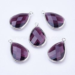 Silver Color Plated Brass Glass Teardrop Pendants, Faceted, Purple, 18x10x5mm, Hole: 2mm(X-GLAA-M006-A-06S)
