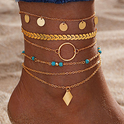 6Pcs Alloy Link & Charm Anklets, Rhombus, 8-1/4 inch(210mm)(WG853BB-04)