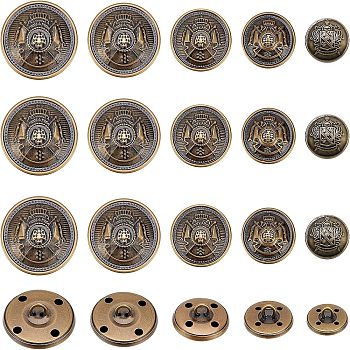 50Pcs 5 Style 4-Hole Brass Buttons, Half Round with Skull, for Sewing Crafting, Antique Bronze, Antique Bronze, 10pcs/style