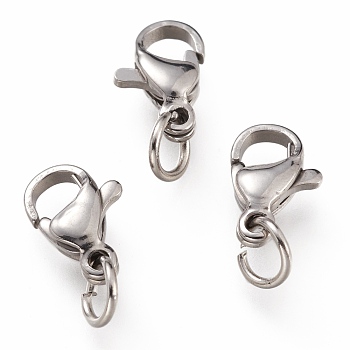 304 Stainless Steel Lobster Claw Clasps, With Jump Ring, Stainless Steel Color, 10x7x3mm, Hole: 3.2mm, Jump Ring: 5x0.6mm